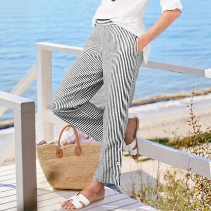 Women's striped long trousers with button details and side pockets NOVAE