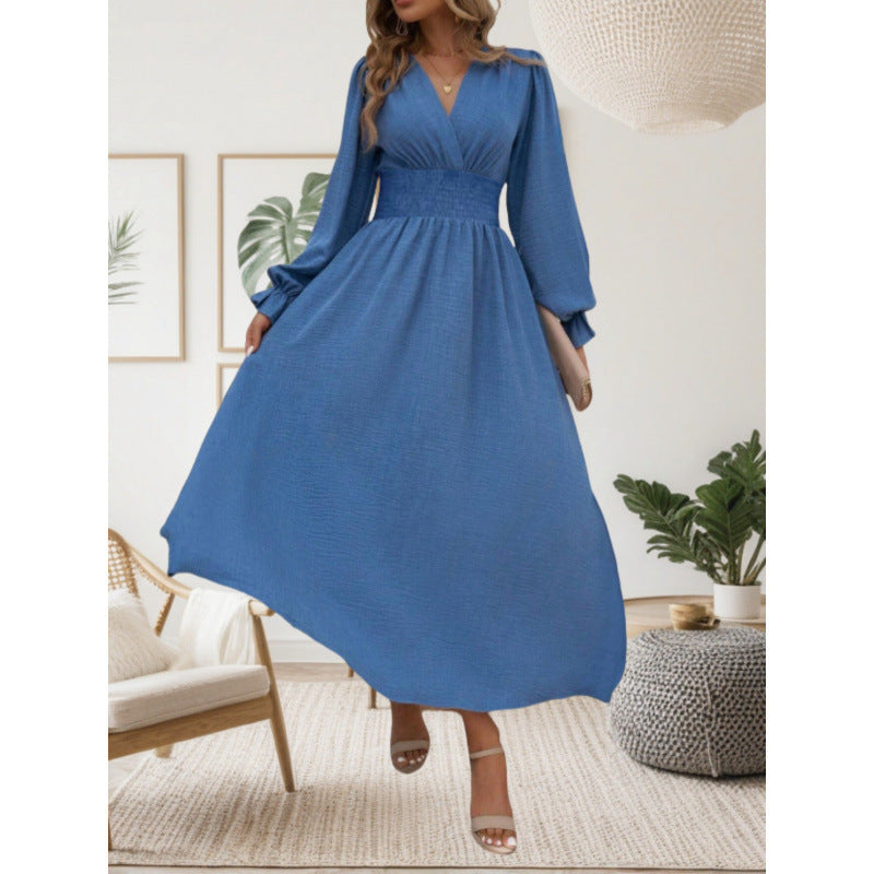 Women's maxi dress with deep V-neck and long puff sleeves NOVAE
