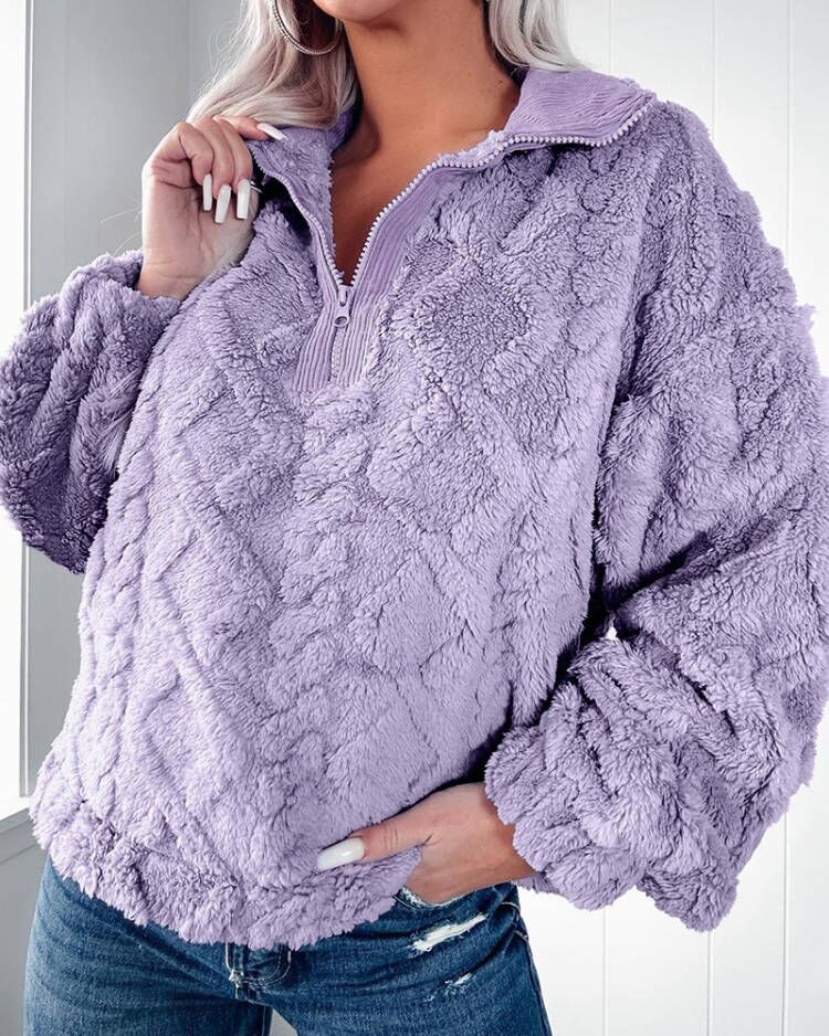 Women's Cozy Fleece Pullover with Half Zip and Volume Sleeves NOVAE