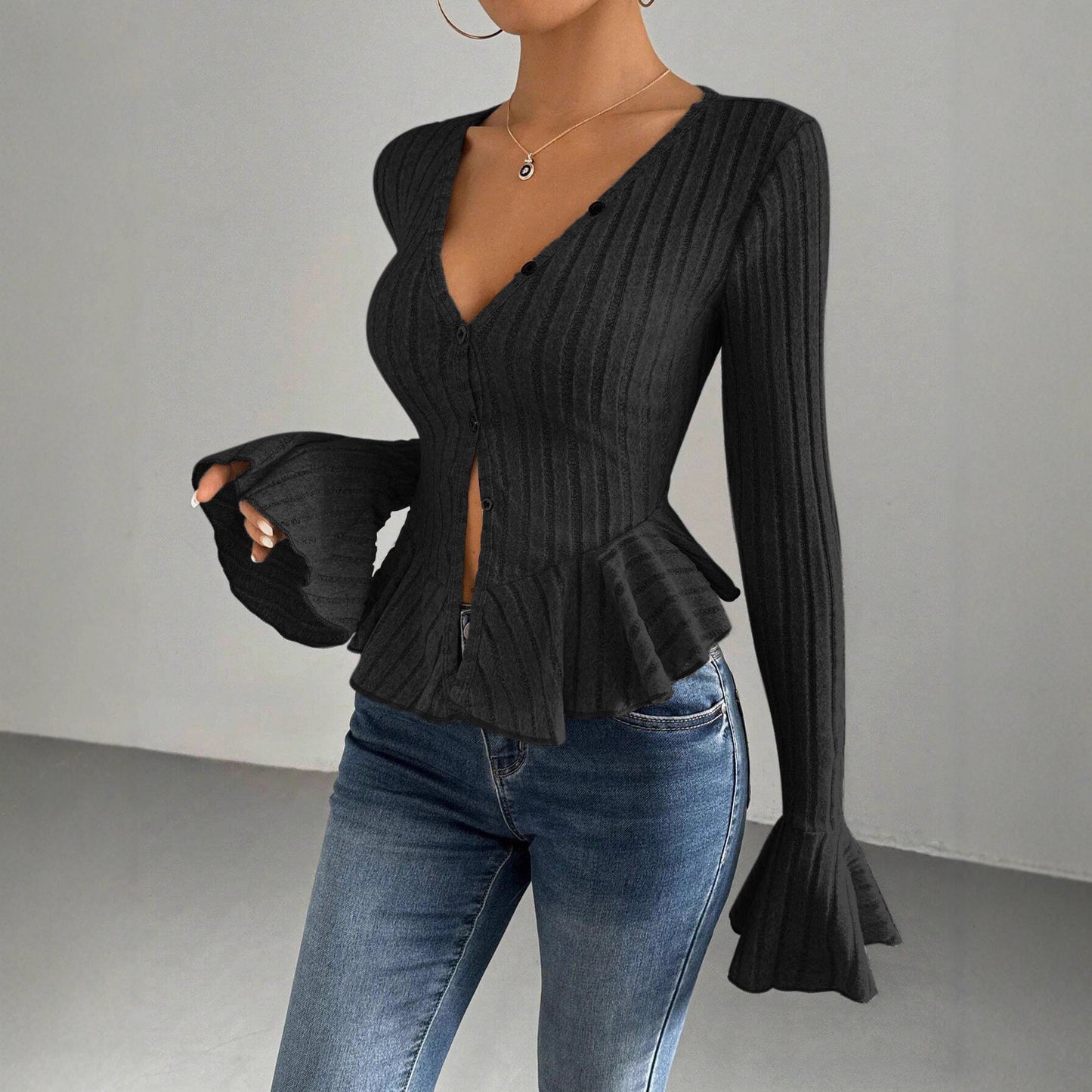 Women's knitted top with sophisticated box pleat design and button placket NOVAE