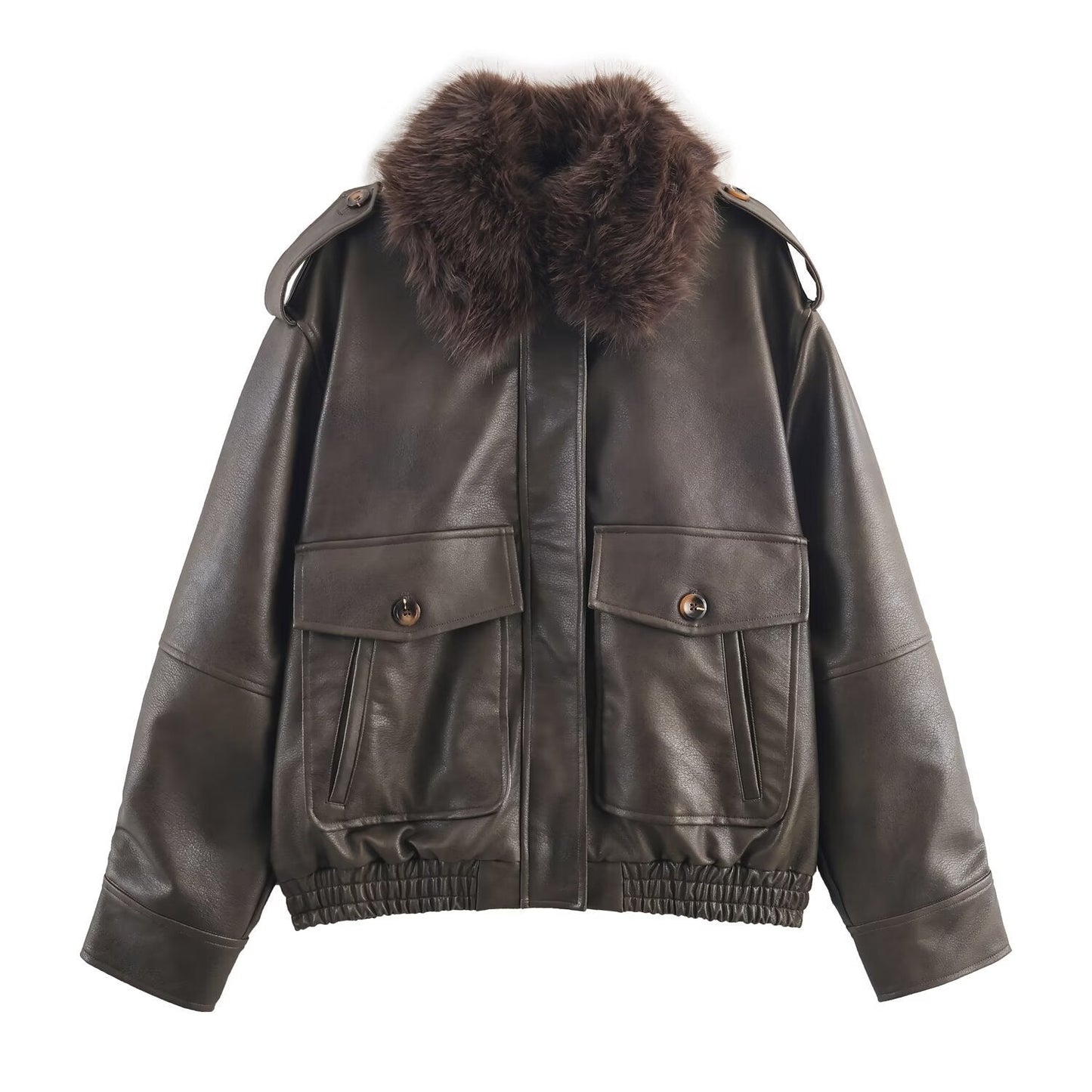 Women's elegant leather jacket with detachable faux fur collar and practical pockets NOVAE