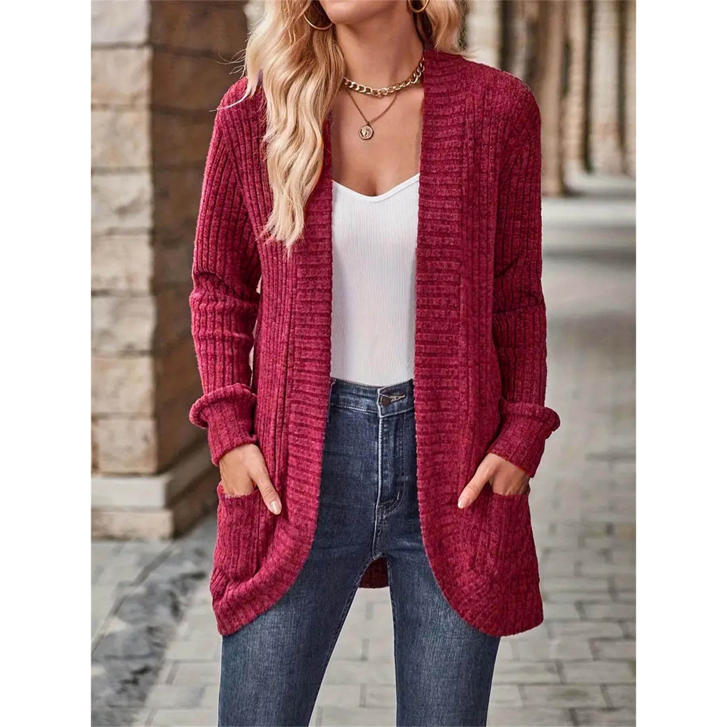Women's open-front cardigan with fashionable ribbed texture NOVAE