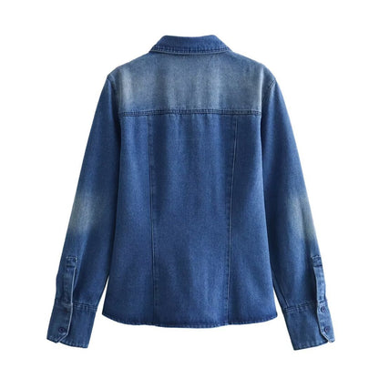 Women's denim shirt with practical chest pocket and fashionable washed effect NOVAE