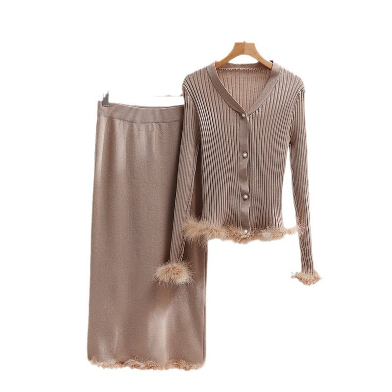 Women's knit ensemble with fine fur trim NOVAE