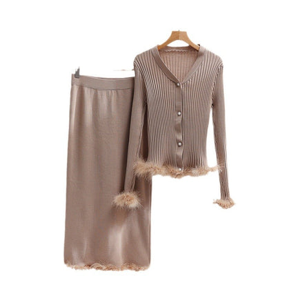 Women's knit ensemble with fine fur trim NOVAE