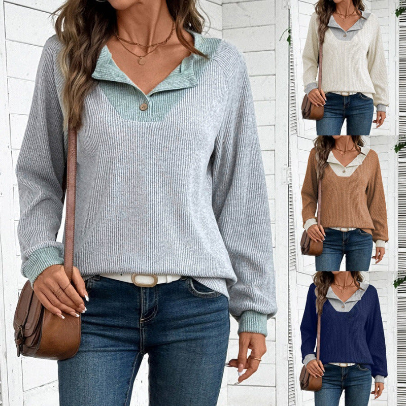 Women's casual long-sleeved sweater with shirt collar and decorative cut NOVAE