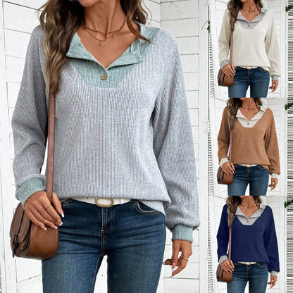 Women's casual long-sleeved sweater with shirt collar and decorative cut NOVAE