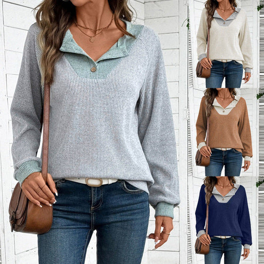 Women's casual long-sleeved sweater with shirt collar and decorative cut NOVAE