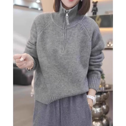 Women's knit sweater with high collar and practical zipper NOVAE