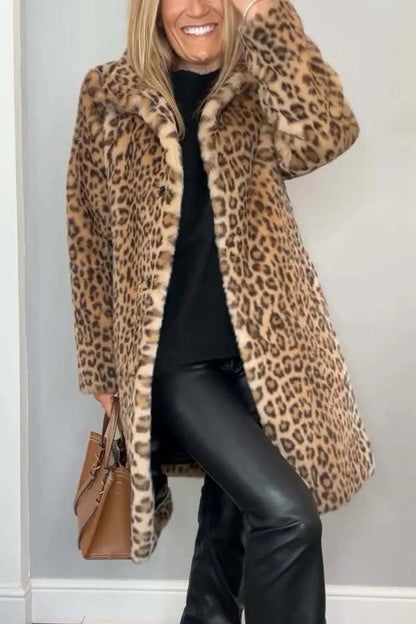 Women's Fluffy Leopard Print Jacket with High Collar NOVAE