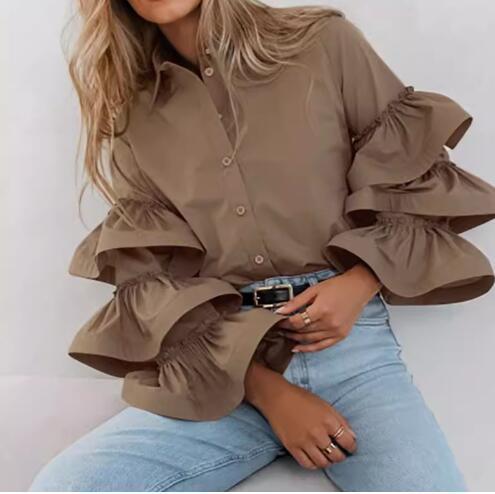 Women's blouse with voluminous ruffle details and classic collar NOVAE