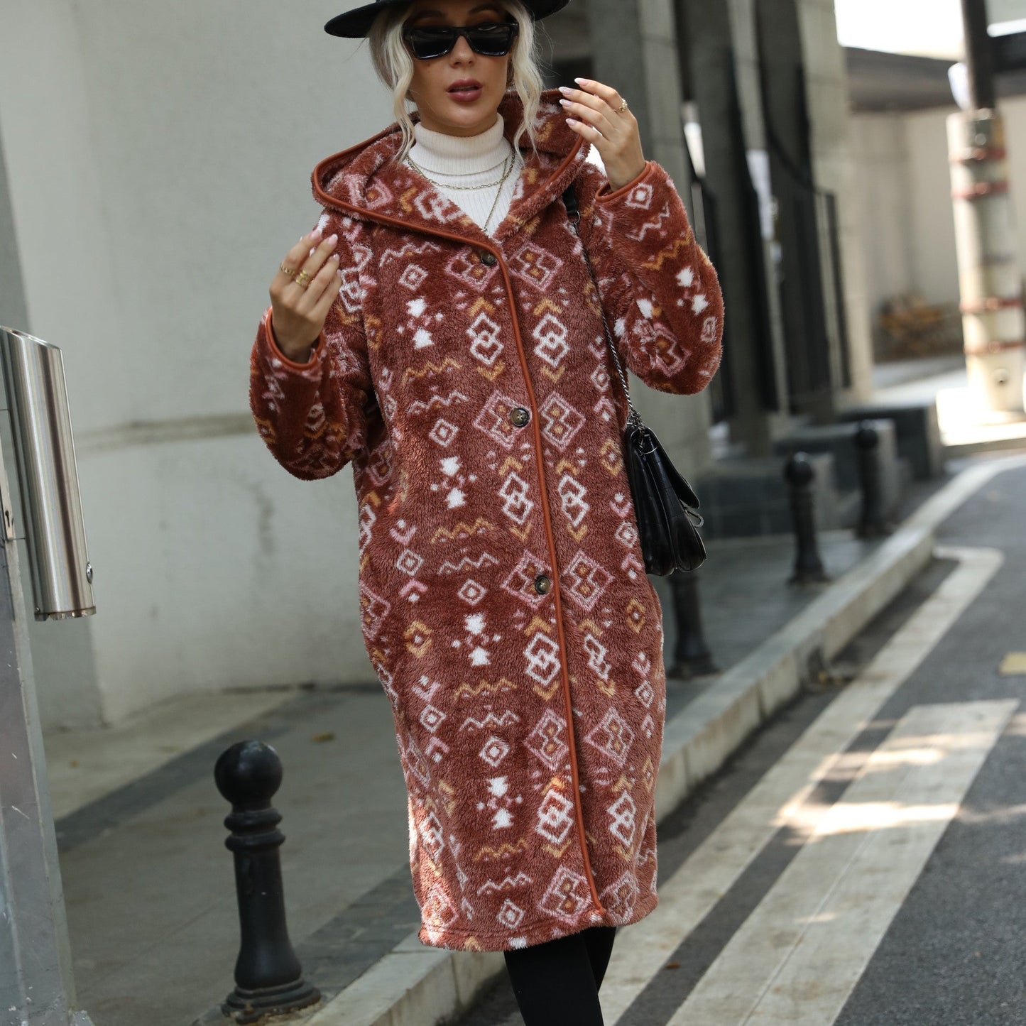 Women's long hair coat with Aztec pattern NOVAE