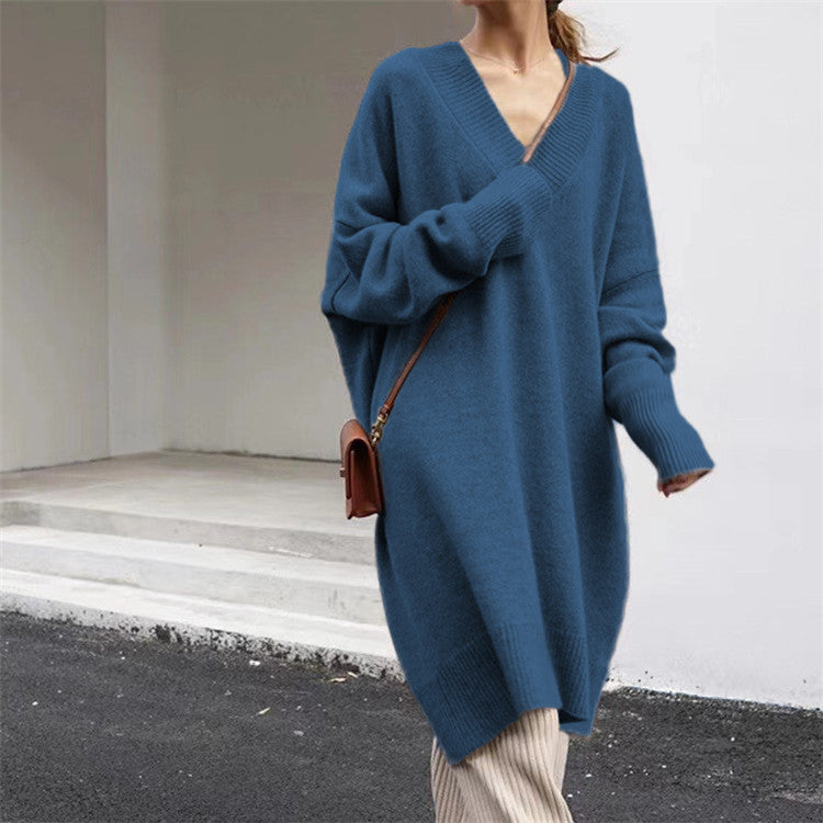 Women's cozy knit dress with V-neck and long sleeves NOVAE