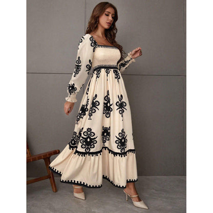 Women's maxi dress with puff sleeves and elegant embroidery pattern NOVAE