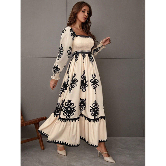Women's maxi dress with puff sleeves and elegant embroidery pattern NOVAE