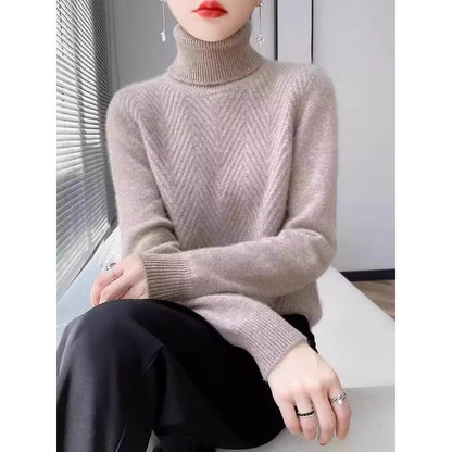 Women's elegant knit sweater with stand-up collar and fine rib texture NOVAE