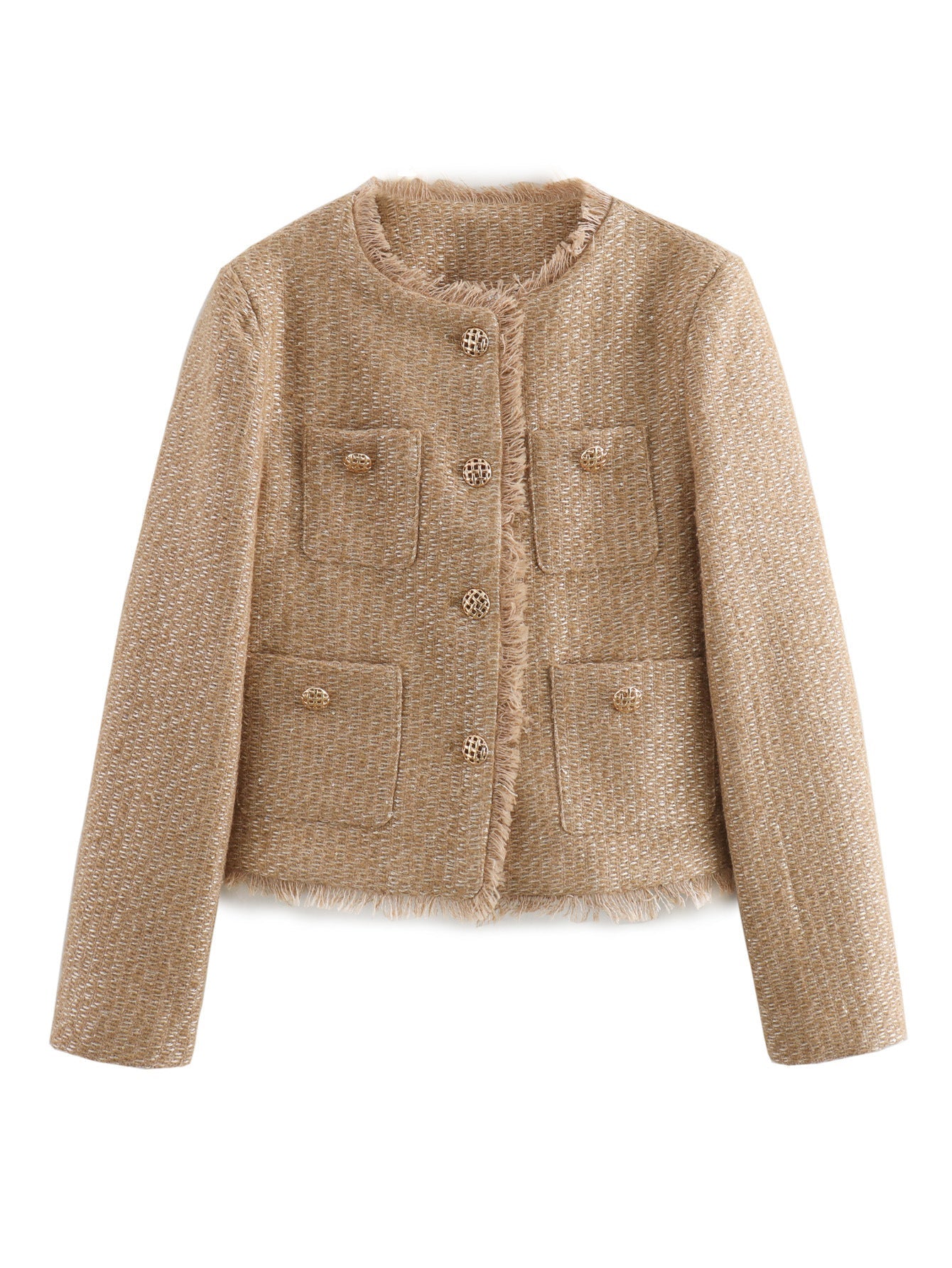 Women's elegant tweed jacket with fringe and decorative buttons NOVAE