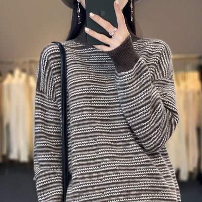 Women's knitted sweater with a modern striped pattern and comfortable thumb holes NOVAE