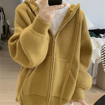 Women's hooded jacket with trendy ribbed knit design and practical pockets NOVAE