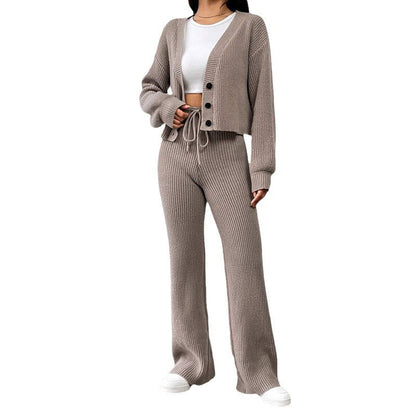 Women's soft knit set with casual trousers and crop cardigan NOVAE