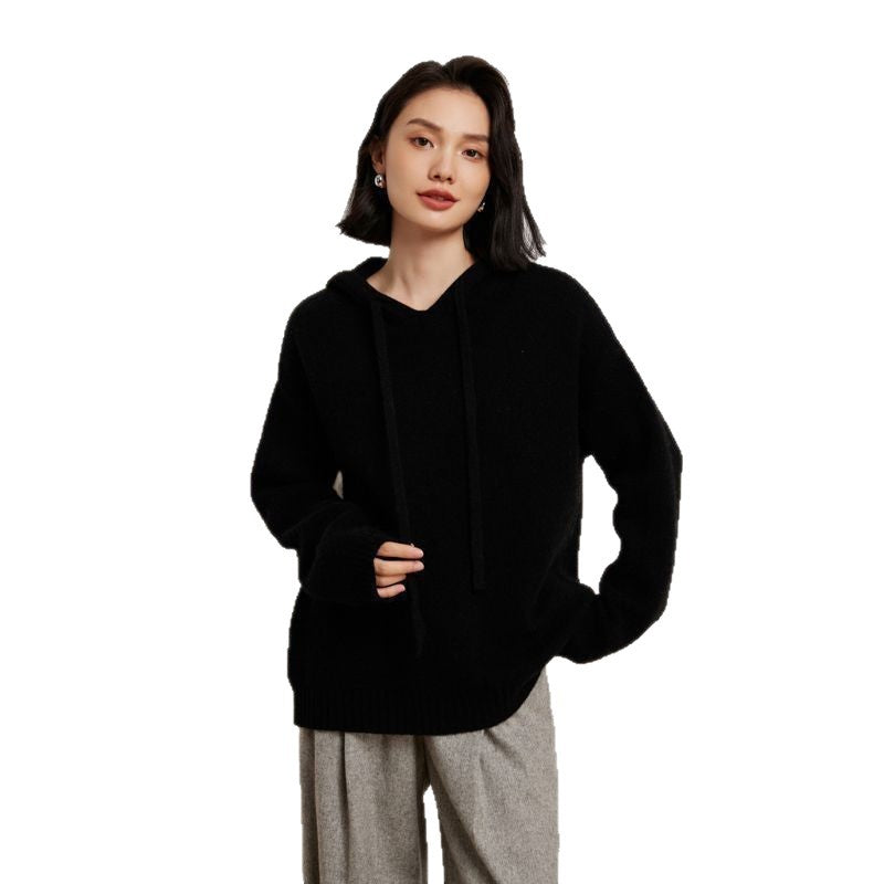Women's casual knit sweater with hood and finely textured surface NOVAE