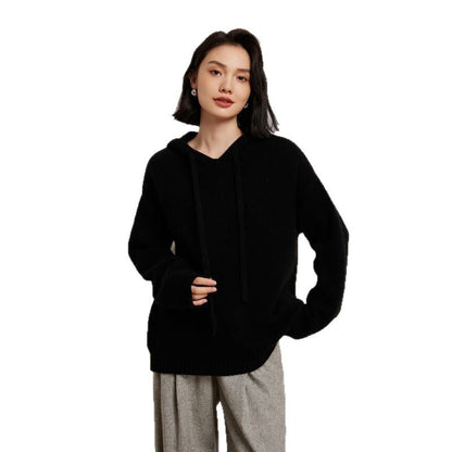 Women's casual knit sweater with hood and finely textured surface NOVAE
