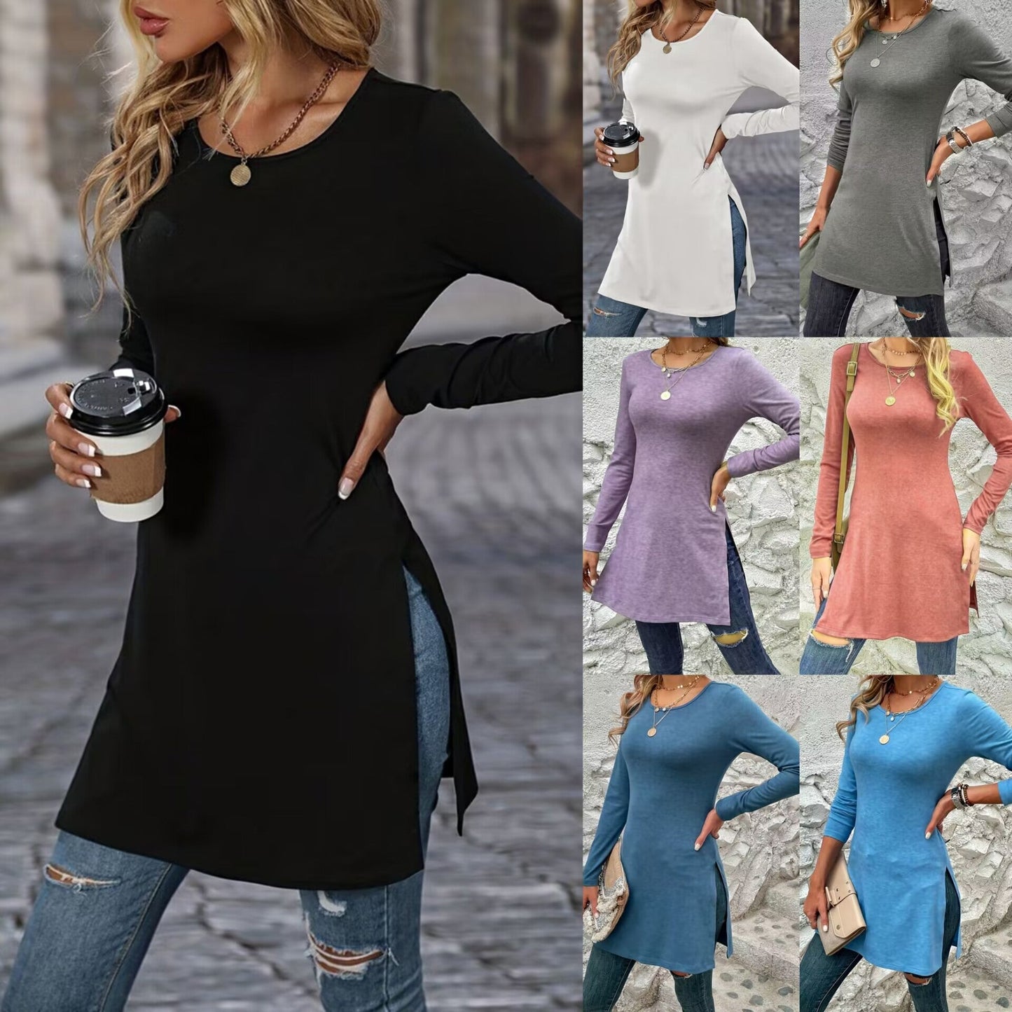 Women's long-sleeved tunic with side slits and modern cut NOVAE