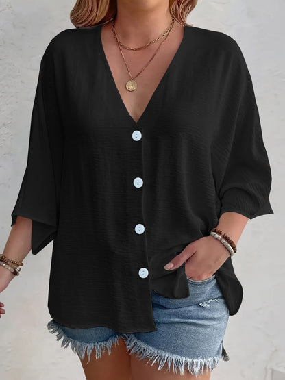 Women's flattering short-sleeved blouse with button placket and V-neck NOVAE