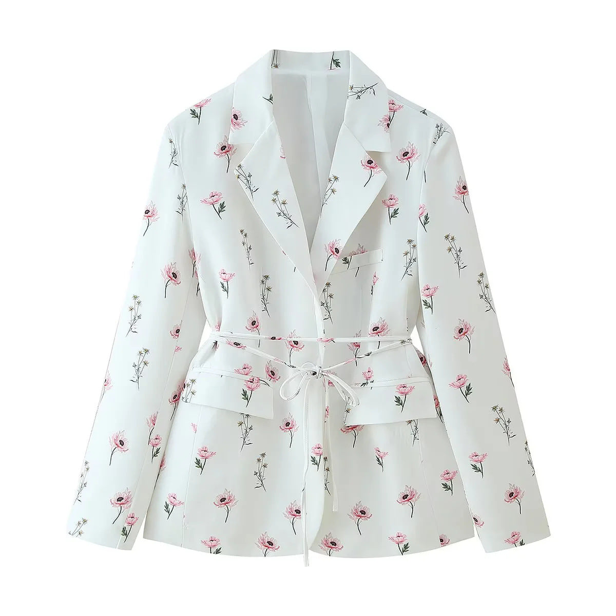 Women's tailored blazer with floral pattern and tie belt NOVAE
