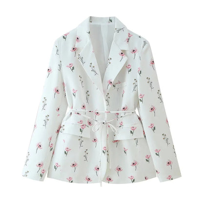 Women's tailored blazer with floral pattern and tie belt NOVAE