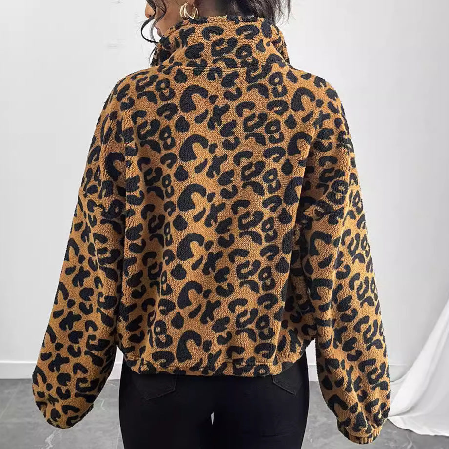 Women's Plush Short Jacket in Leopard Print with High Collar NOVAE