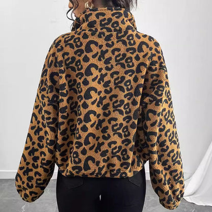 Women's Plush Short Jacket in Leopard Print with High Collar NOVAE