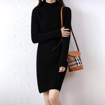 Women's knitted dress in an elegant ribbed design with a high collar NOVAE
