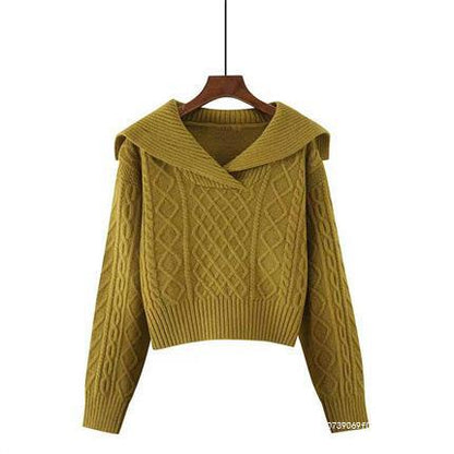 Women's knitted sweater with wide collar and sophisticated cable pattern NOVAE