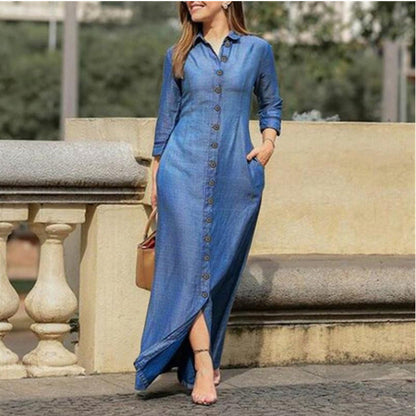 Women's long-sleeved maxi dress with button placket and side pockets NOVAE