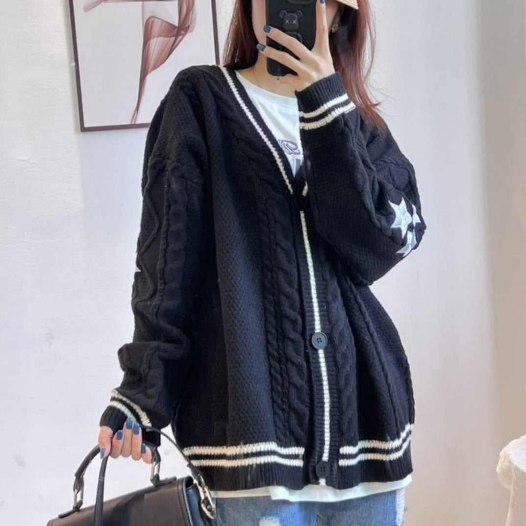 Women's chunky knit cardigan with deep V-neck and contrasting button details NOVAE