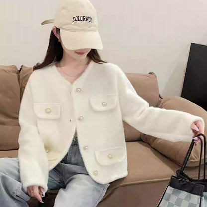 Women's Fluffy Cardigan with Decorative Button Details and Practical Pockets NOVAE