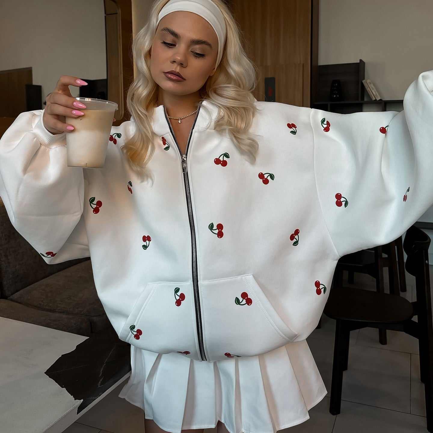 Women's hooded jacket with unique cherry design and oversized cut NOVAE