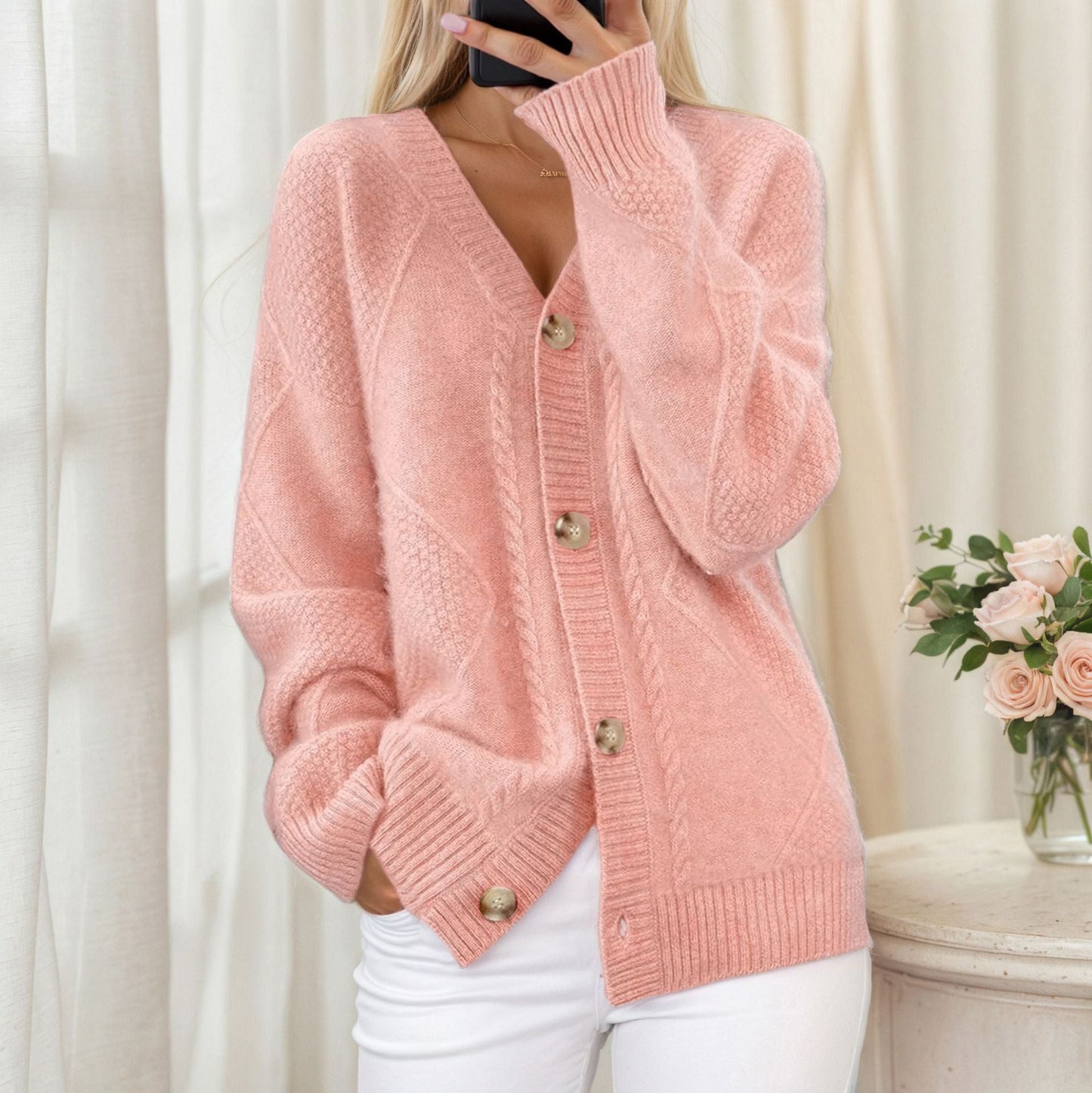 Women's cardigan with braided pattern and elegant button detail NOVAE