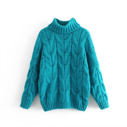 Women's chunky knit sweater with high collar and elegant cable pattern NOVAE