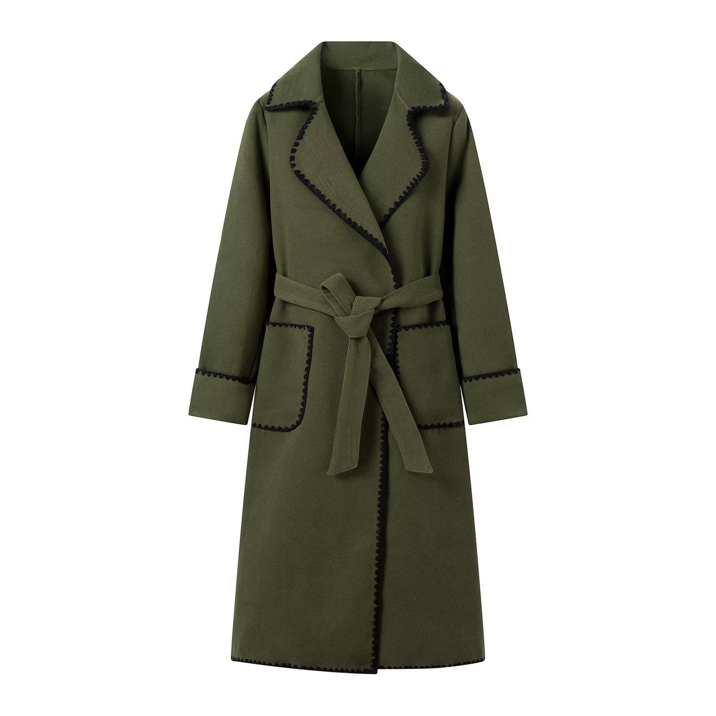 Women's elegant long coat with tie belt and contrasting piping NOVAE