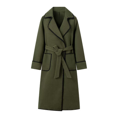 Women's elegant long coat with tie belt and contrasting piping NOVAE