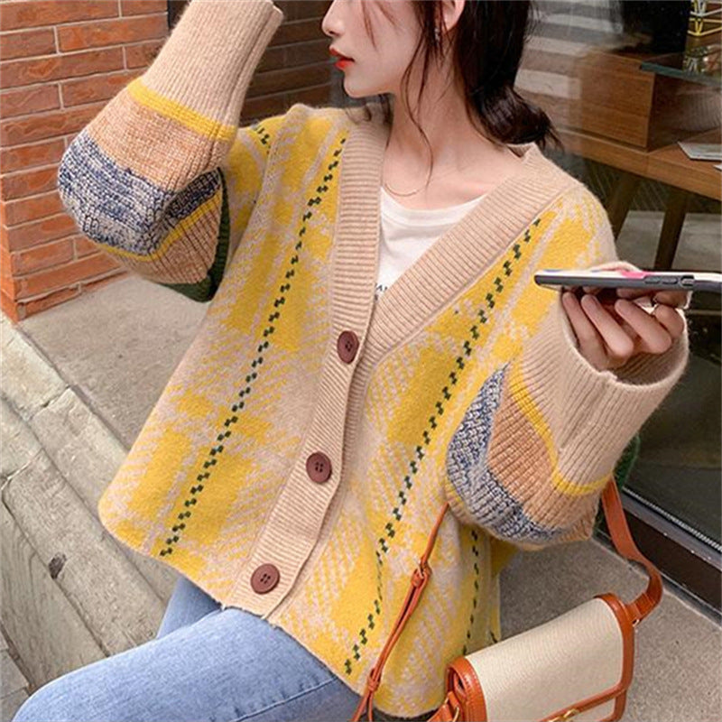 Women's chunky knit cardigan with colorful check pattern and large wooden buttons NOVAE