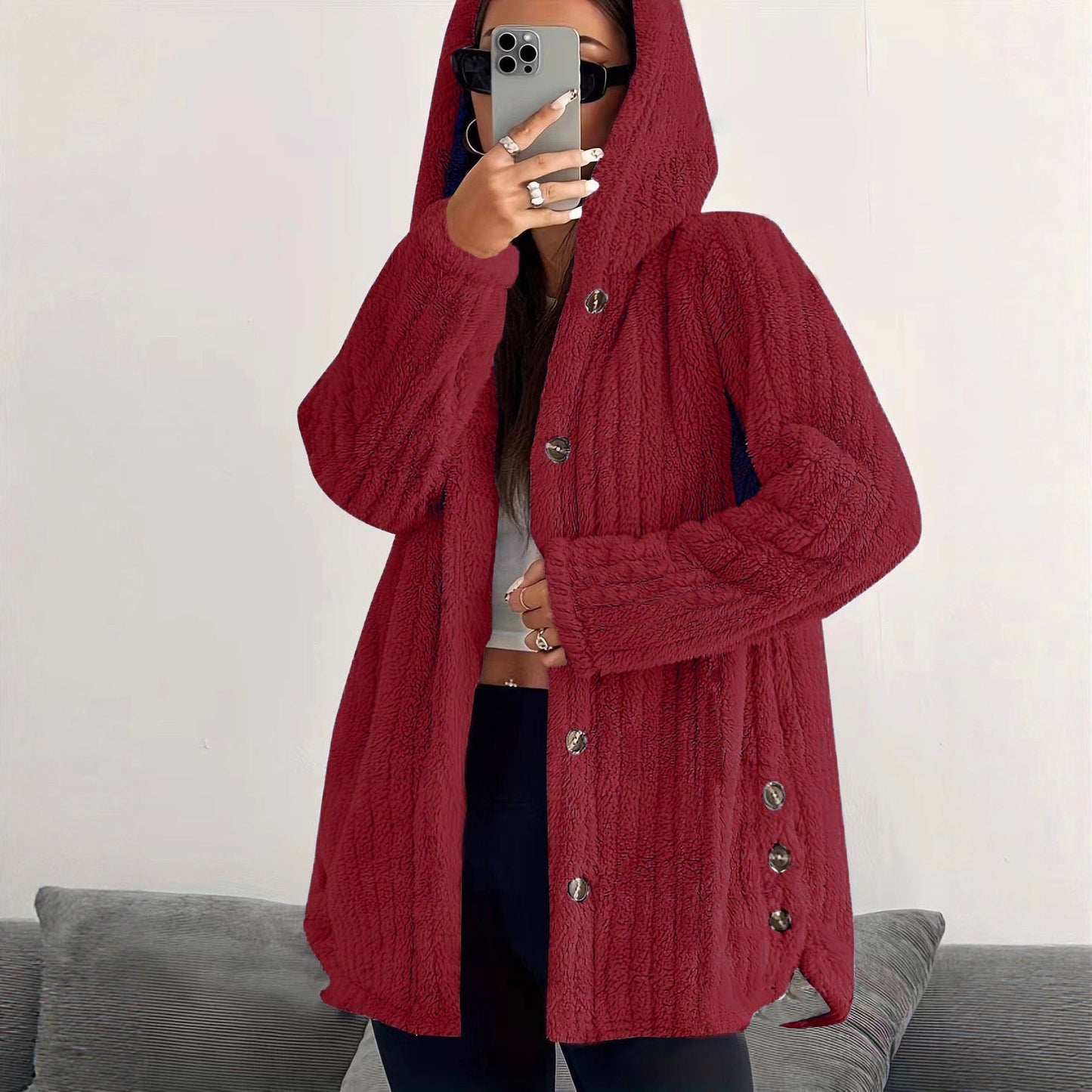 Women's Cozy Hooded Jacket with Button Details NOVAE