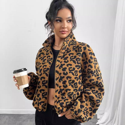 Women's Plush Short Jacket in Leopard Print with High Collar NOVAE