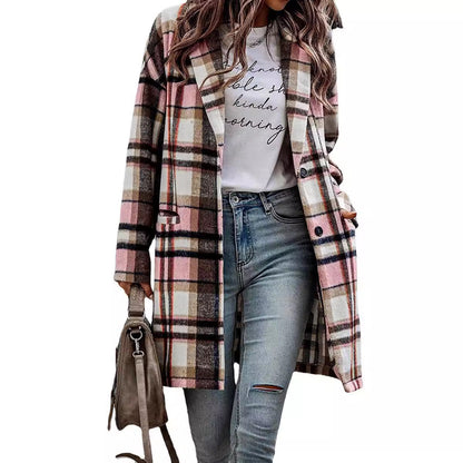 Women's Checked Oversized Coat with Stylish Pockets and Turn-Down Collar NOVAE