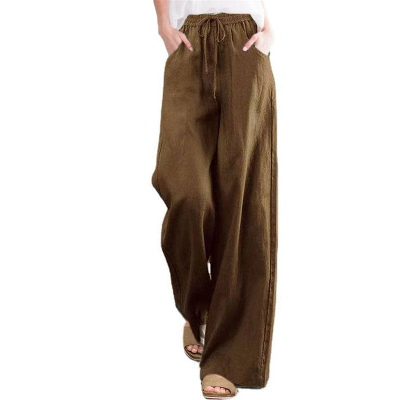 Women's wide-leg linen trousers with elasticated waistband and side pockets NOVAE