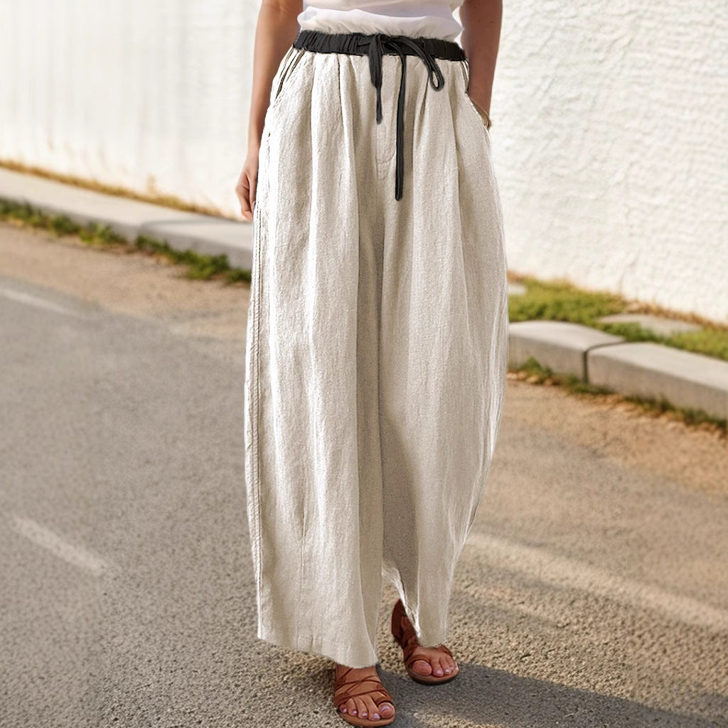Women's wide-leg linen trousers with elasticated waistband and stylish drawstring NOVAE