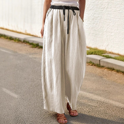 Women's wide-leg linen trousers with elasticated waistband and stylish drawstring NOVAE