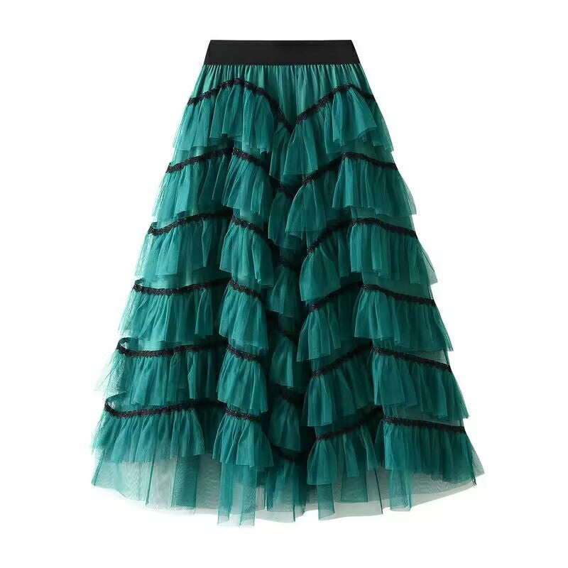 Women's fashionable tulle skirt with multi-layered ruffles and elegant lace accents NOVAE